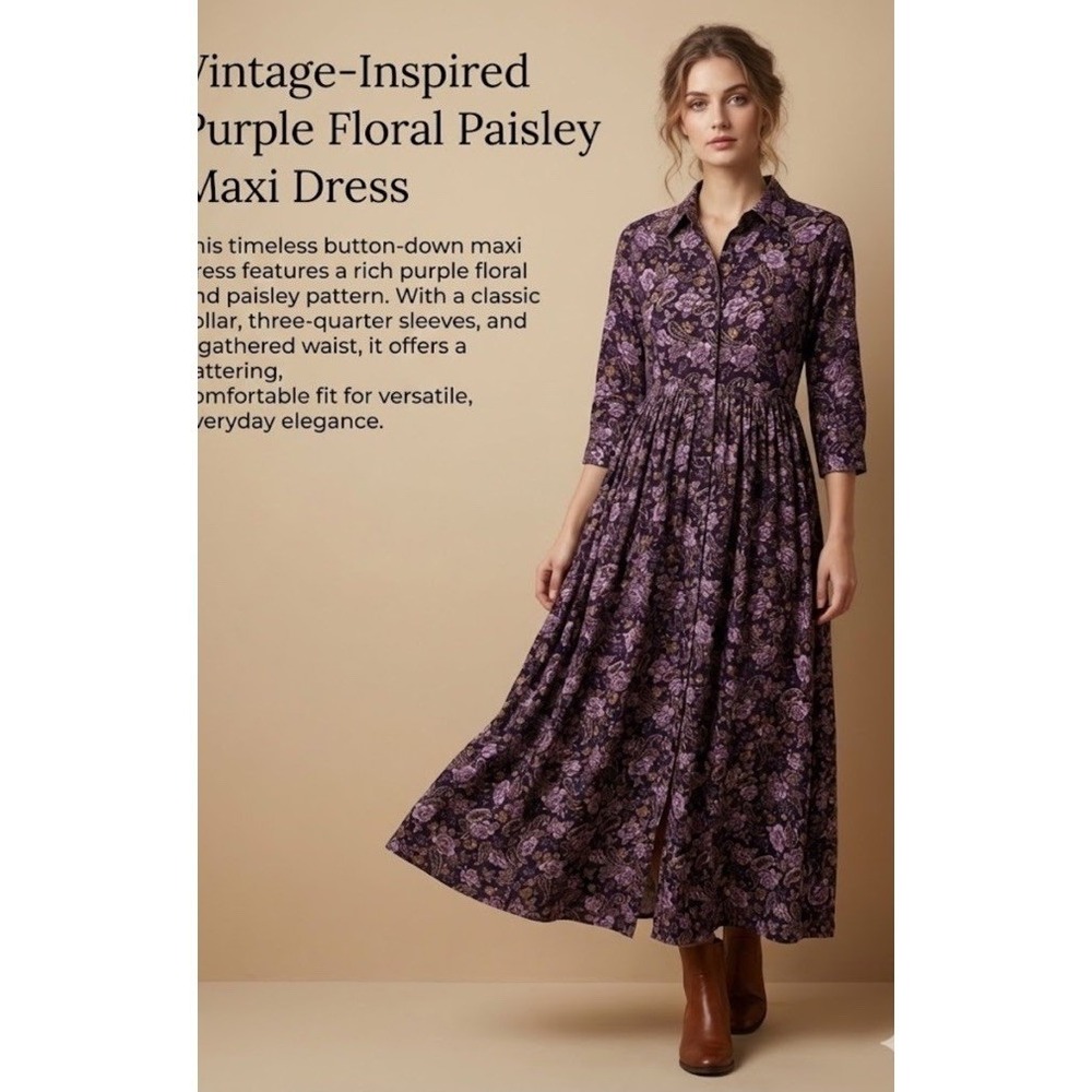 Erika & Co Corduroy Maxi Dress Women Medium Purple Floral Paisley Vintage Good